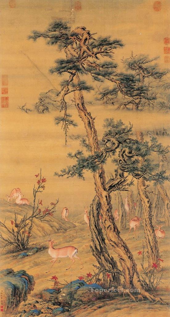 Lang shining deer in autumn antique Chinese Oil Paintings